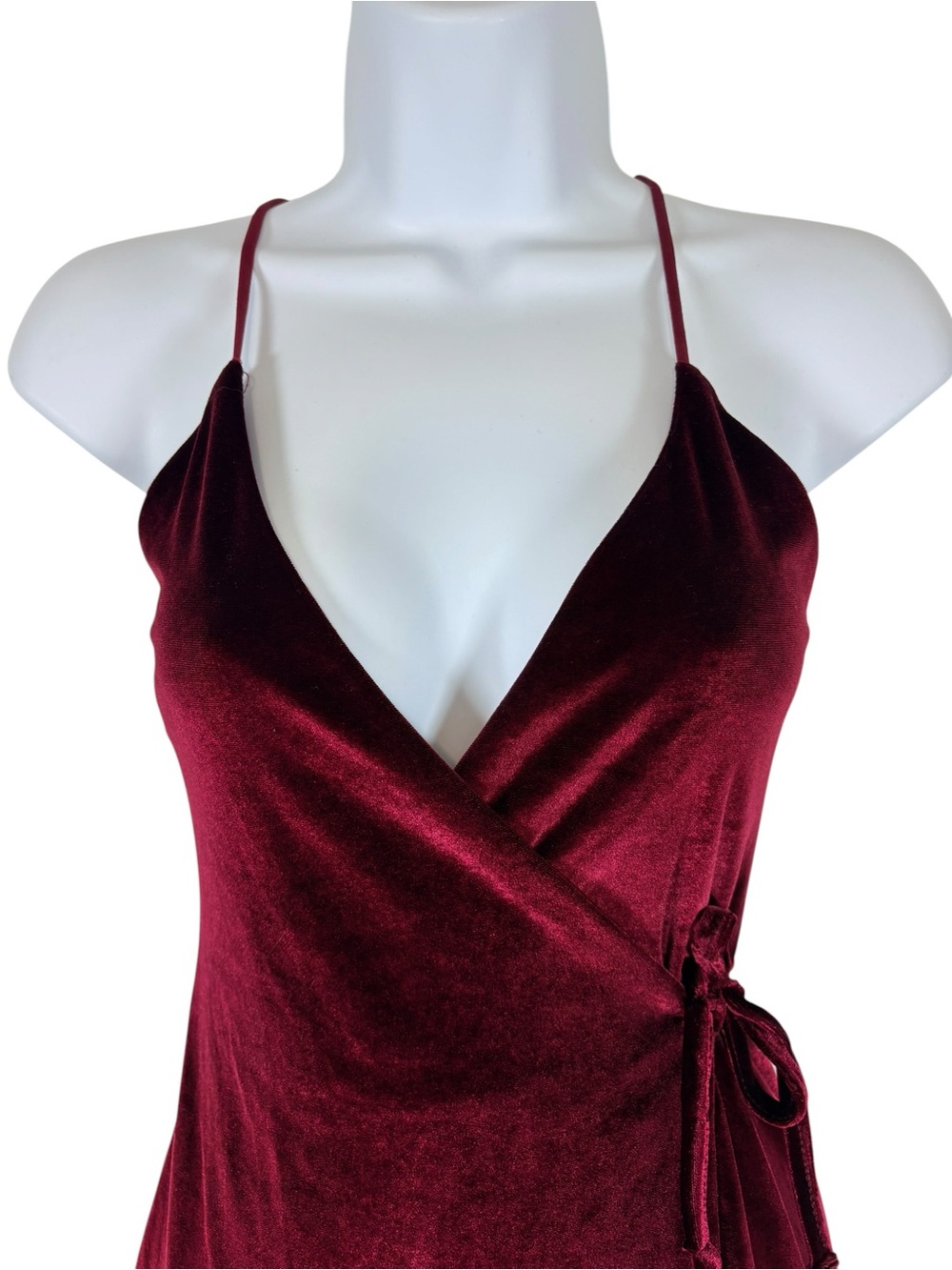 Missguided Burgundy Velvet Faux Wrap Maxi Dress High Slit Spaghetti Strap US 4 - Picture 4 of 13